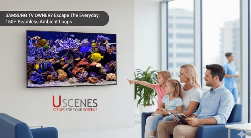 showing the way a Samsung TV can benefit from Uscenes relaxing video loops Loop any Video on Samsung TV. Ambient scenes of aquariums, fireplace videos, and scenery videos. Manual TV screen savers in 4K.